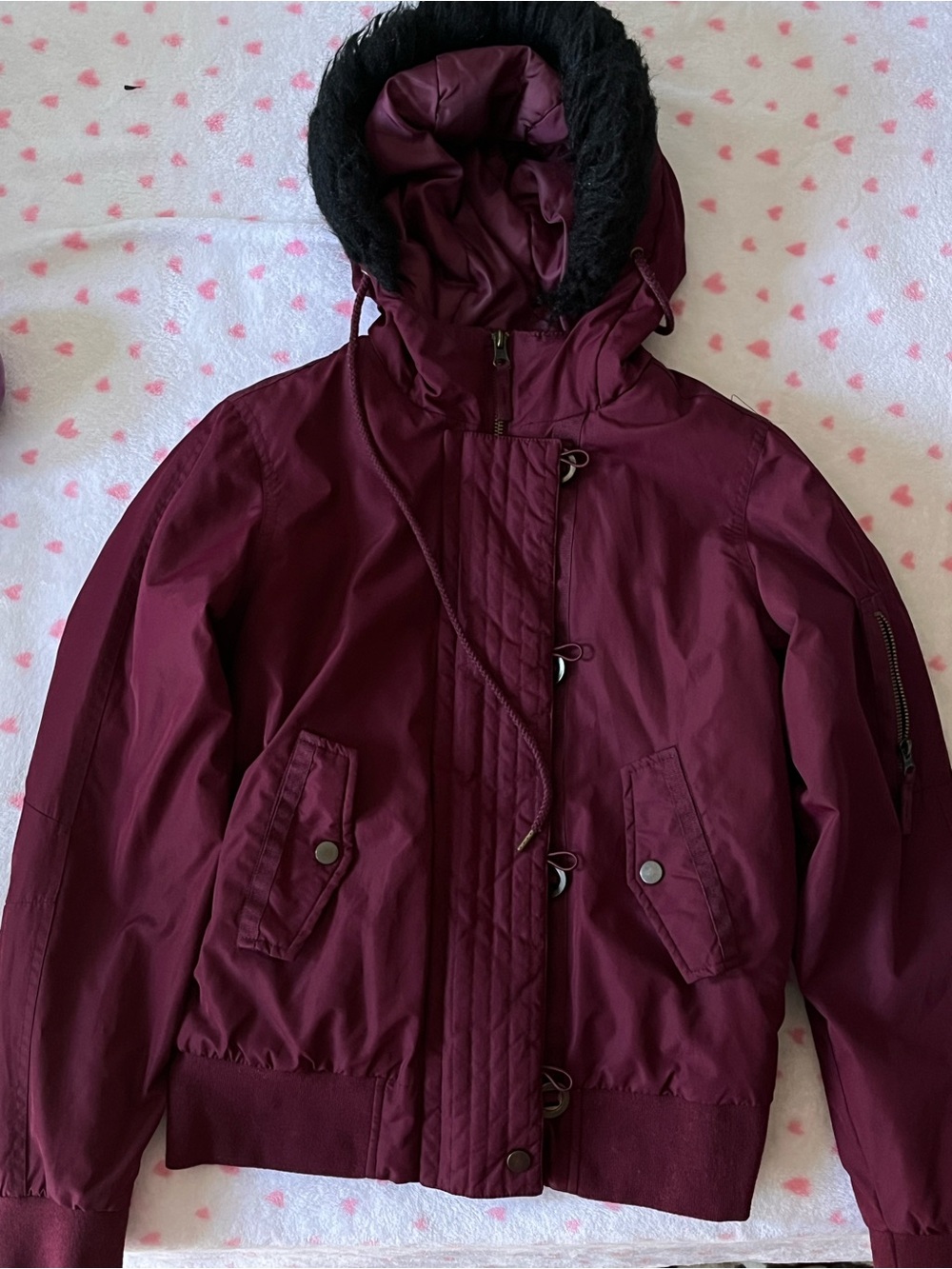 American Rag Women's Burgundy Hooded Puffer Jacket with Faux Fur Trim